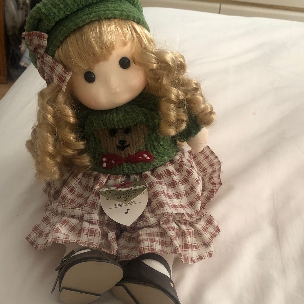 Adorable Girl Doll in Green Knit Top & Plaid Dress